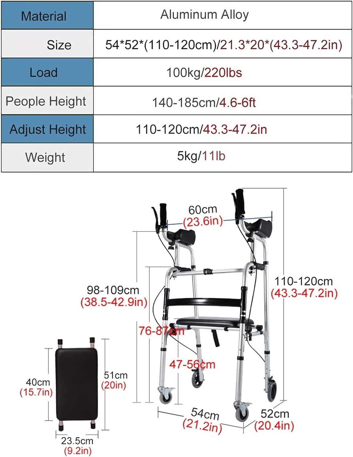 Mobility Walker Składany pionowo Toczący się z hamulcami Koła oraz podparcie siedziska i przedramienia Seniorzy Lekki aluminiowy rollator Pomoc w chodzeniu dla osób niepełnosprawnych