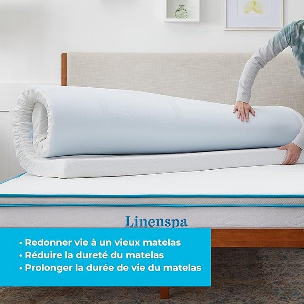Linenspa Matrastopper, 180 x 200 cm, 10 cm hoog, matrasoplegger met gel van traagschuim en wasbare overtrek met ritssluiting, Öko-Tex, wit