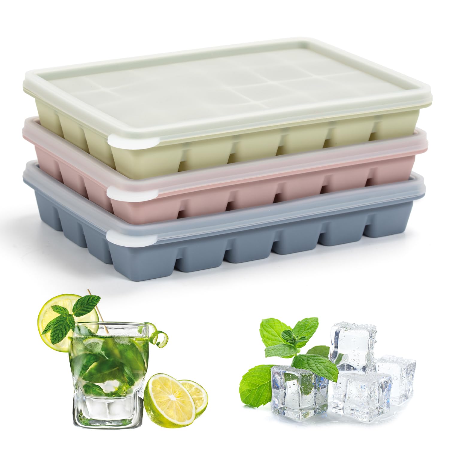 Lot de 3 bacs à glaçons carrés en silicone avec couvercle 24 compartiments Sans BPA