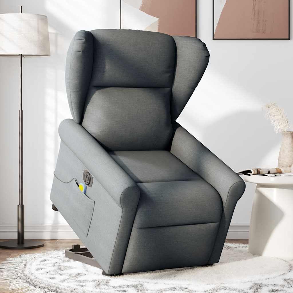 Sillón elevador eléctrico con masaje reclinable, color gris oscuro, de tela con 6 puntos, vibración y función de elevación, para un asiento cómodo y relajante