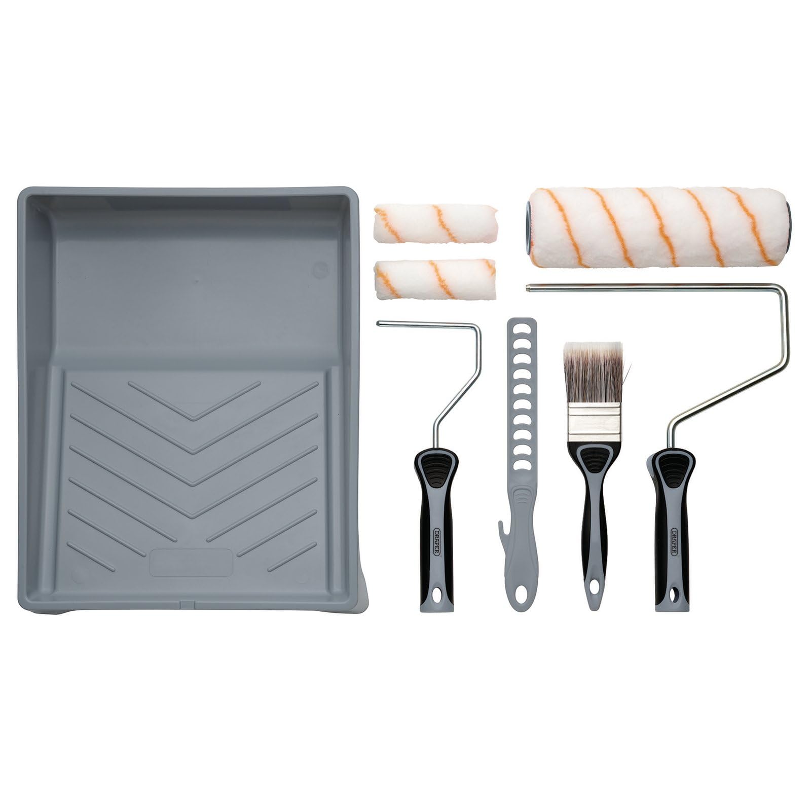 Draper 20787 Farbroller- und Pinsel-Set mit mittelflorigem Polyester, mit weichem Griff, 8-teilig, enthält 10,2 cm und 22,9 cm Hülsen, Rahmen, 22,9 cm Tablett, 50 mm Pinsel und Farbrührer