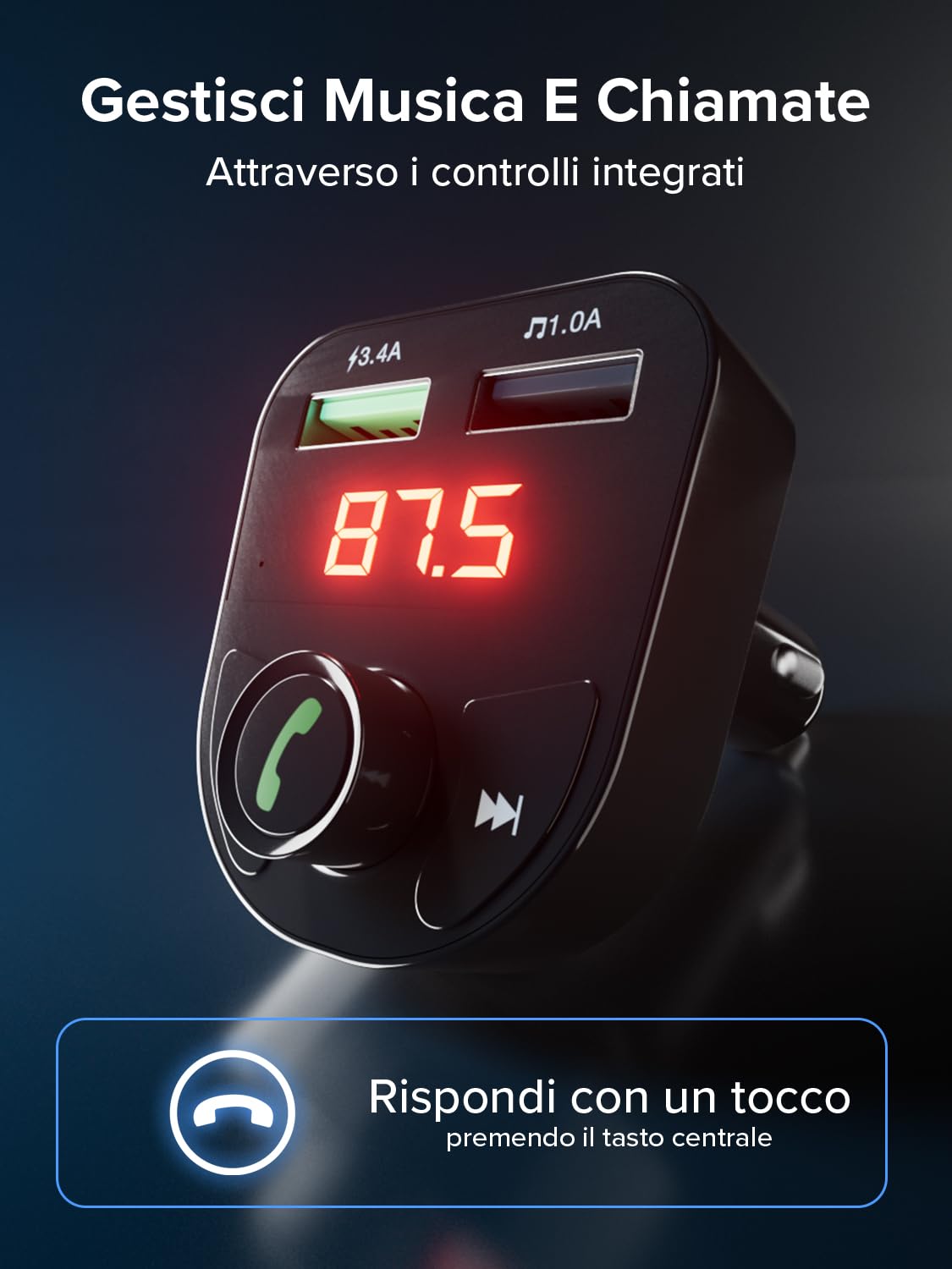 SBS Carica Batteria Auto 15W, Presa Accendisigari 12V, Ricarica Rapida | Trasmettitore FM Bluetooth, Vivavoce, MP3, Lettore Audio, Display LCD, Comandi Integrati, Ingresso MicroSD, Nero