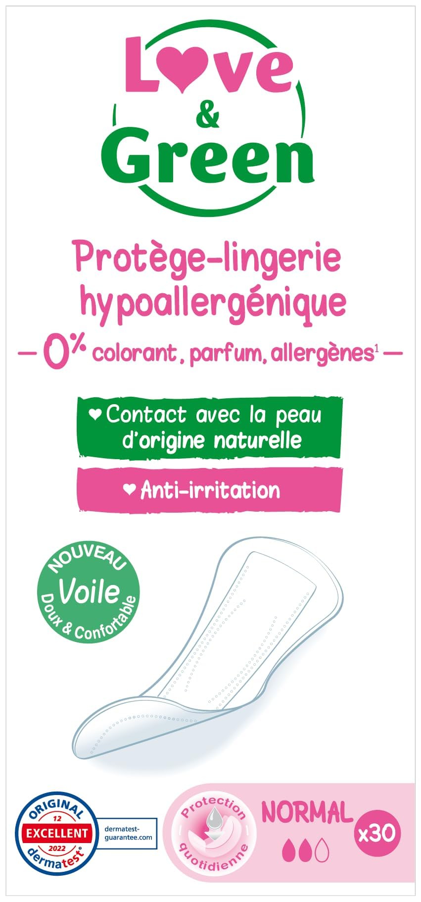 Love & Green Protège-​lingeries et hypoallergéniques - "​NORMAL" x 30 : Sans colorant, parfum, allergènes
