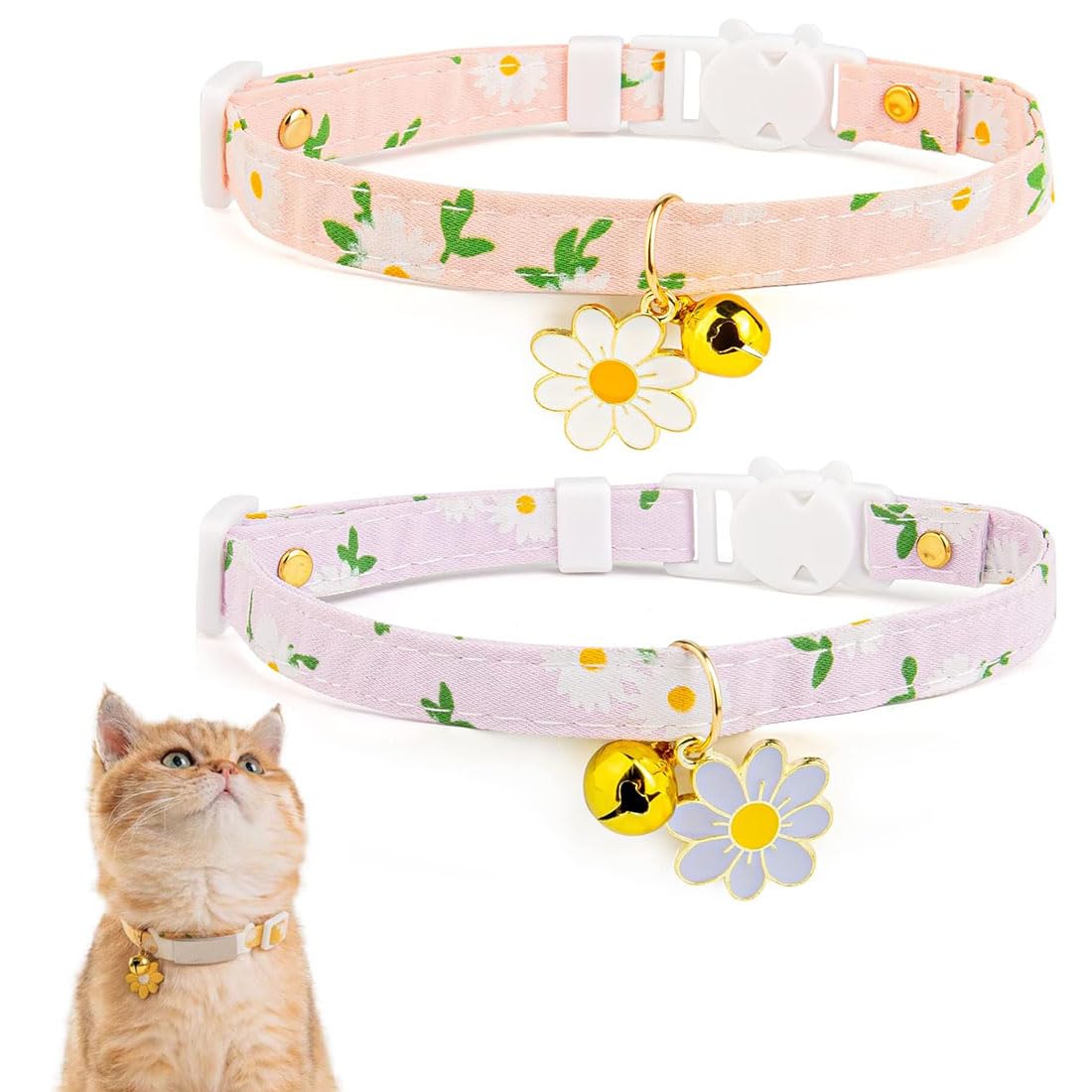 VZUHSW Collar para Gato Personalizado con Hebilla de Liberación Rápida y Antiahogo, Set de 2 Collares con Cascabeles de Algodón y Colgante de Flor en Rosa y Morado, Ideal para Gatitos,