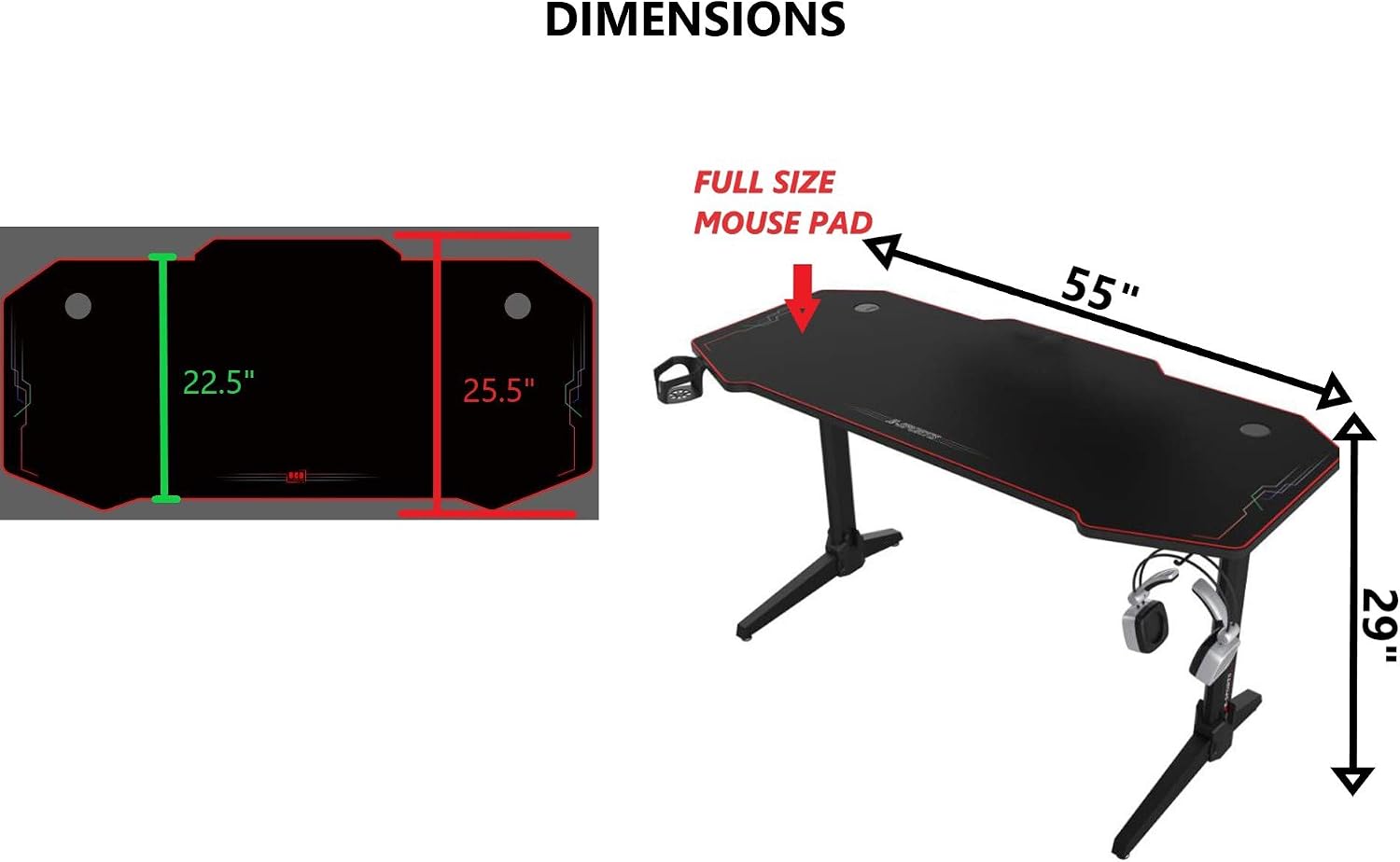 OCD By Design Gaming Computer Desk or Computer Gaming Desk 55" Wide Large Office Table, Pro PC Video Gamer Desk, Multi Colored LED Lights, Carbon Fiber Surface, Mouse Pad, Headphone, cup holder