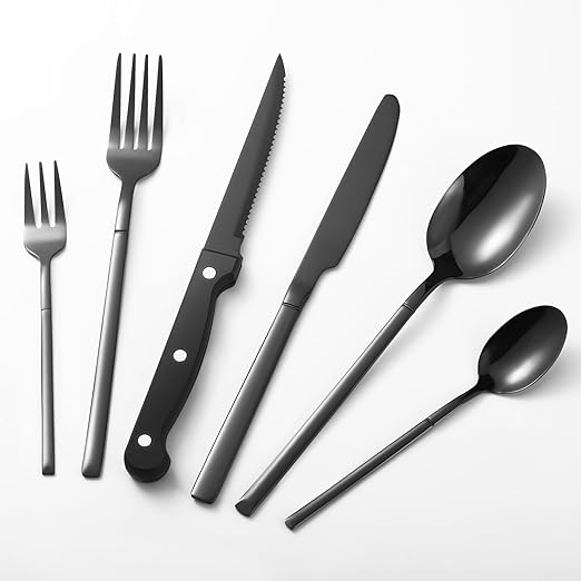 24-Piece Black Silverware Set with Steak Knives,Durable Stainless Steel 18/10 Flatware Cutlery Tableware Set for 4,Premium Knives,Forks and Spoons Silverware Set,Service for 4,Matte Black