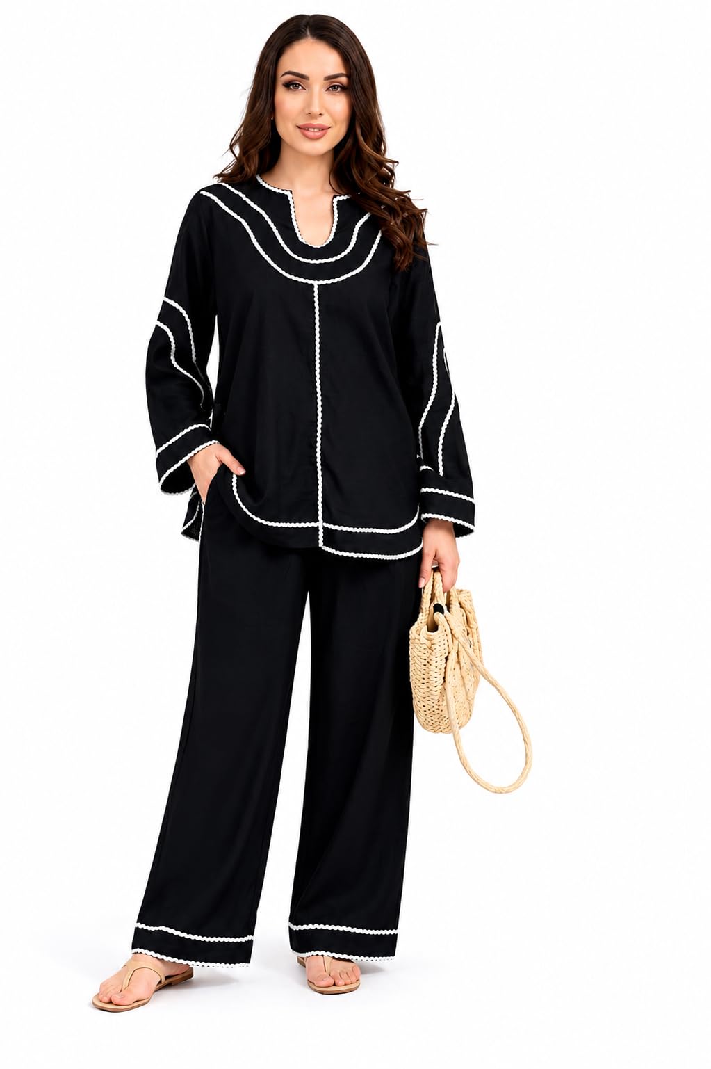 Women's Black Co-Ord Set with White Zig-Zag Lace | Full Sleeve Tunic Top & Wide Leg Palazzo Pants | Casual Ethnic Wear-image-6