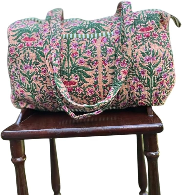 Yille Handmade Cotton Block Print Duffle Travel Bag Gym Yoga Bag,Quilted Bag Everyday use Gift for Someone Special Occasionally (Orange Pink Tiger)