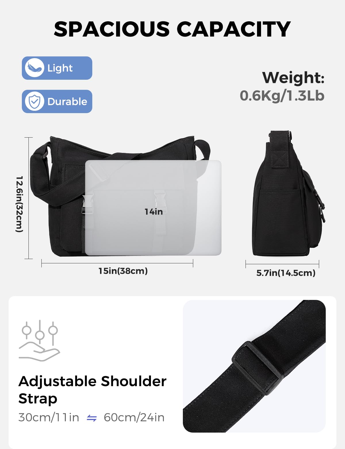 VASCHY Sac Bandoulière Femme, Grande Léger Poches Multiples Sacoche Messager en Toile Adolescent Sac à Main Besace pour Travail École Voyage Loisir