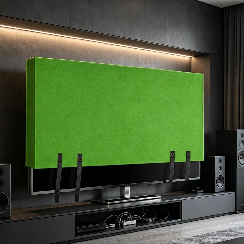 Resistente copertura per televisore in feltro verde con cinghie di sicurezza per schermi da 55 a 75 pollici, previene graffi e polvere durante il trasporto o la conservazione a lungo termine a casa