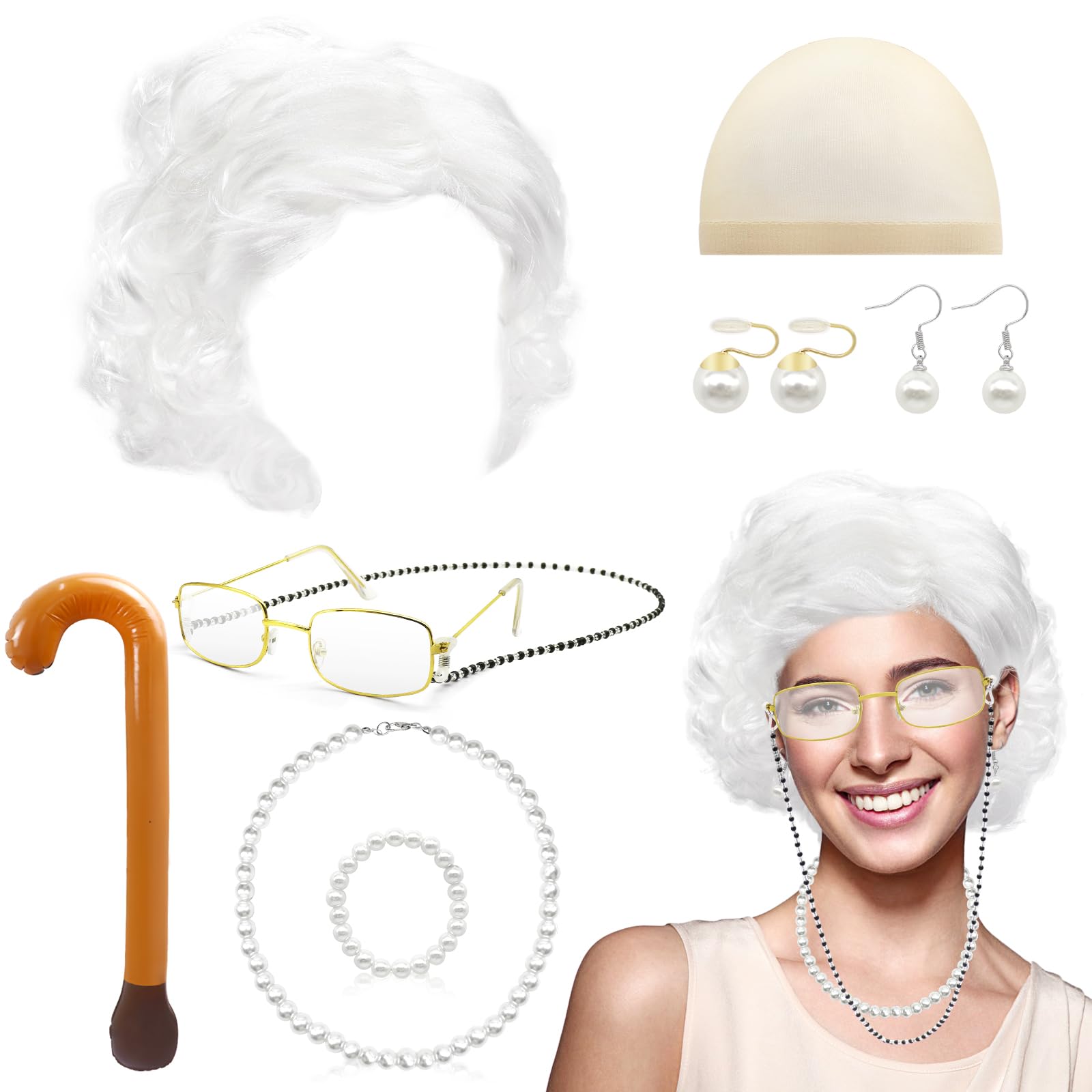10pcs Old Lady Costume Set, Grandma Wig Cap Including Glasses Pearl Earring Bracelet Necklace Inflatable Walking Stick, Grandmother Fancy Dress Costume for Christmas Halloween World Book Day