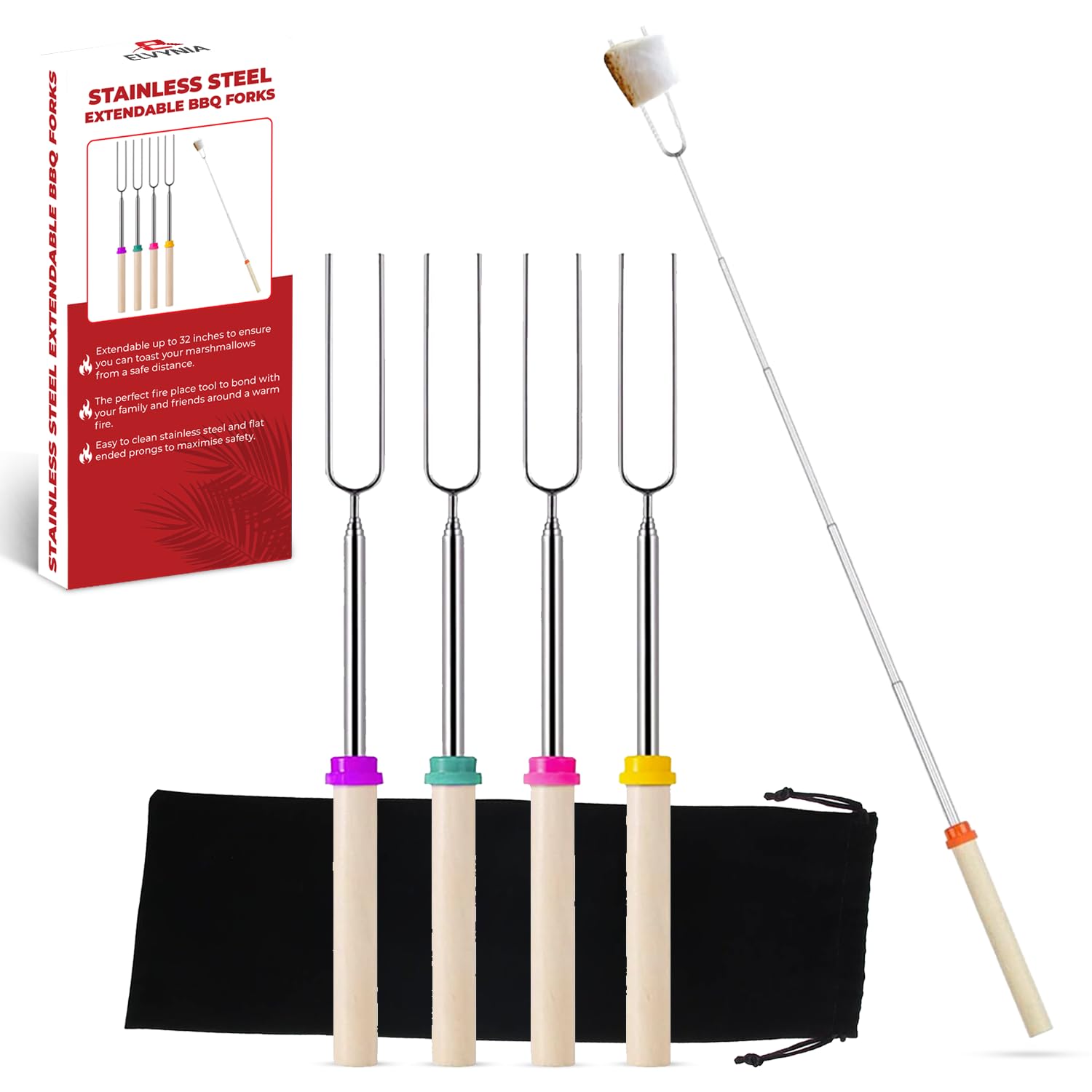 ELVYNIA 4 Pack Marshmallow Toasting Forks Kit - Extending Stainless Steel U-Shape Smores Sticks for Roasting & Toasting Over an Open BBQ - Retractable Fire Pit Accessories for Outdoor, Indoor Campfire