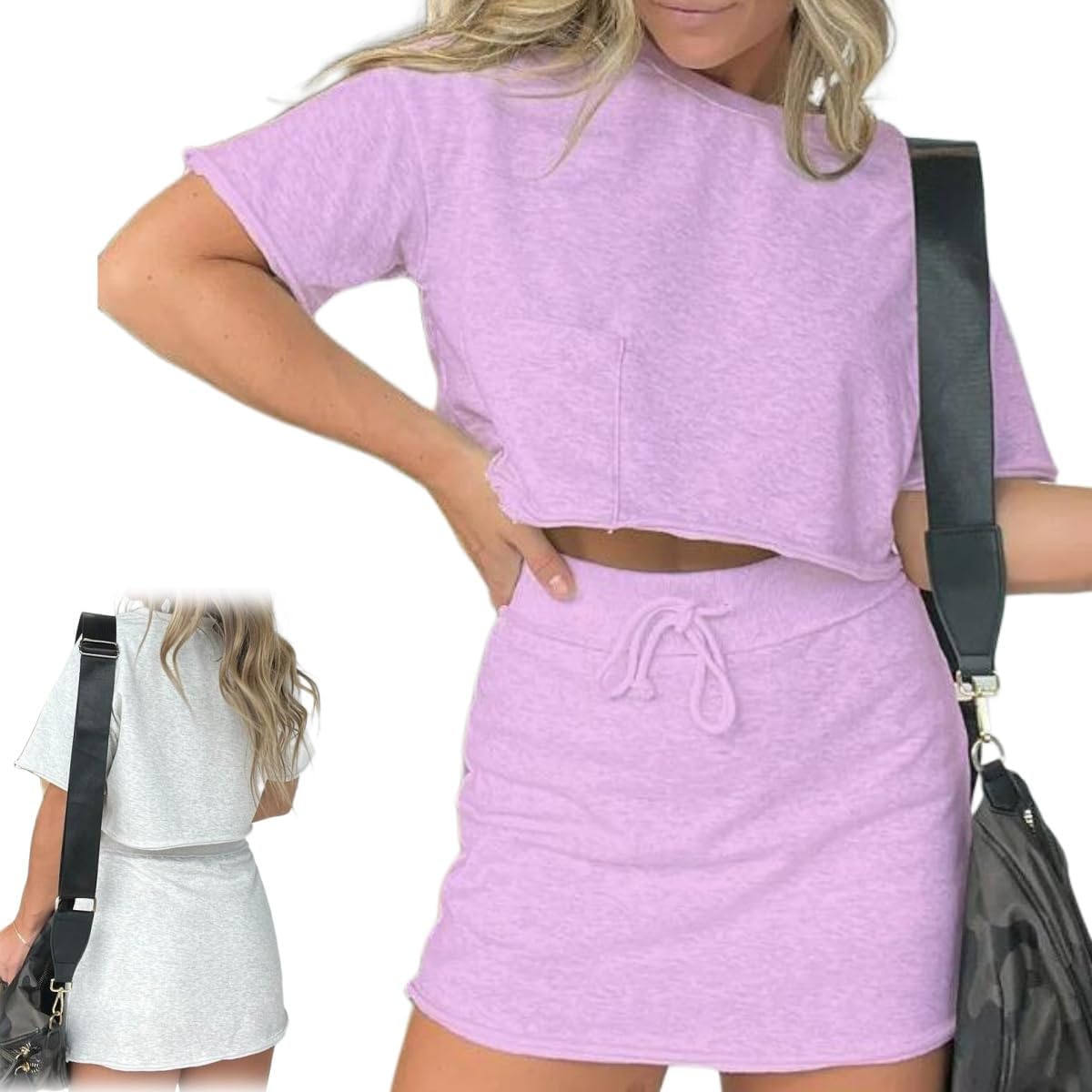 Cropped Tee Skort Set,2 Piece Summer Lounge Skirt Sets for Women,Tennis Sweat Skirt Set,Washed Shorts Outfits with Lining