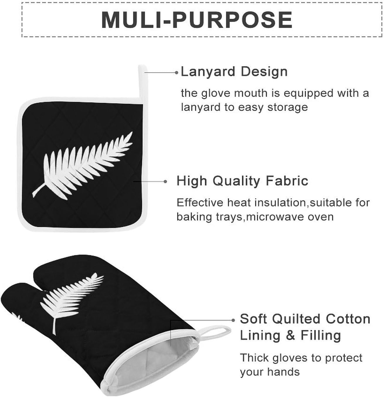 New Zealand Maori Fern Print Oven Mitts and Pot Holders 3 Piece Sets Heat Resistant Gloves Hot Pads Potholders for Kitchen Baking Cooking