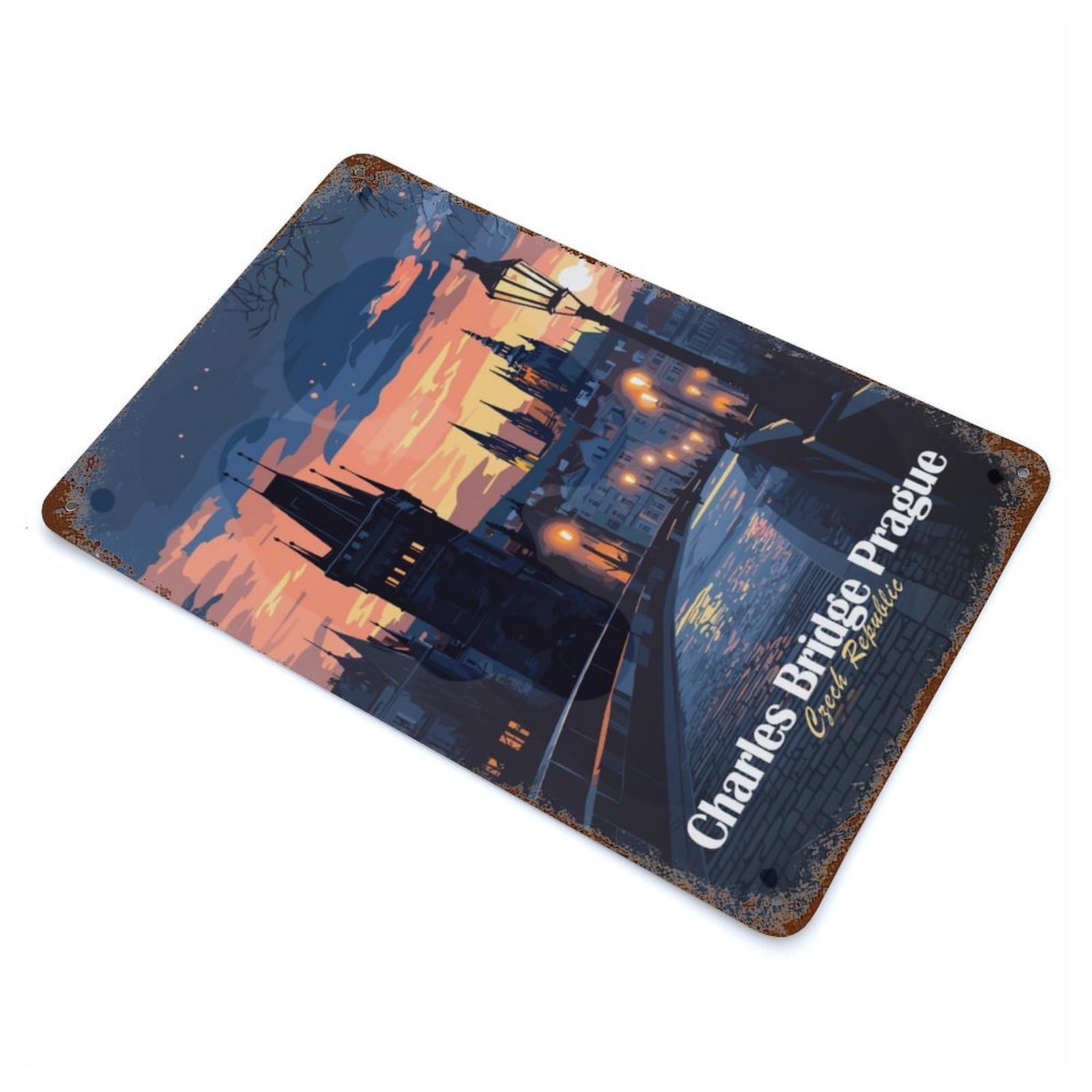 Rust Effect Charles Bridge Prague Vintage Rust Metal Sign 11.8"x7.9", Rustic Home Decor for Farmhouse, Kitchen And Entryway Decor