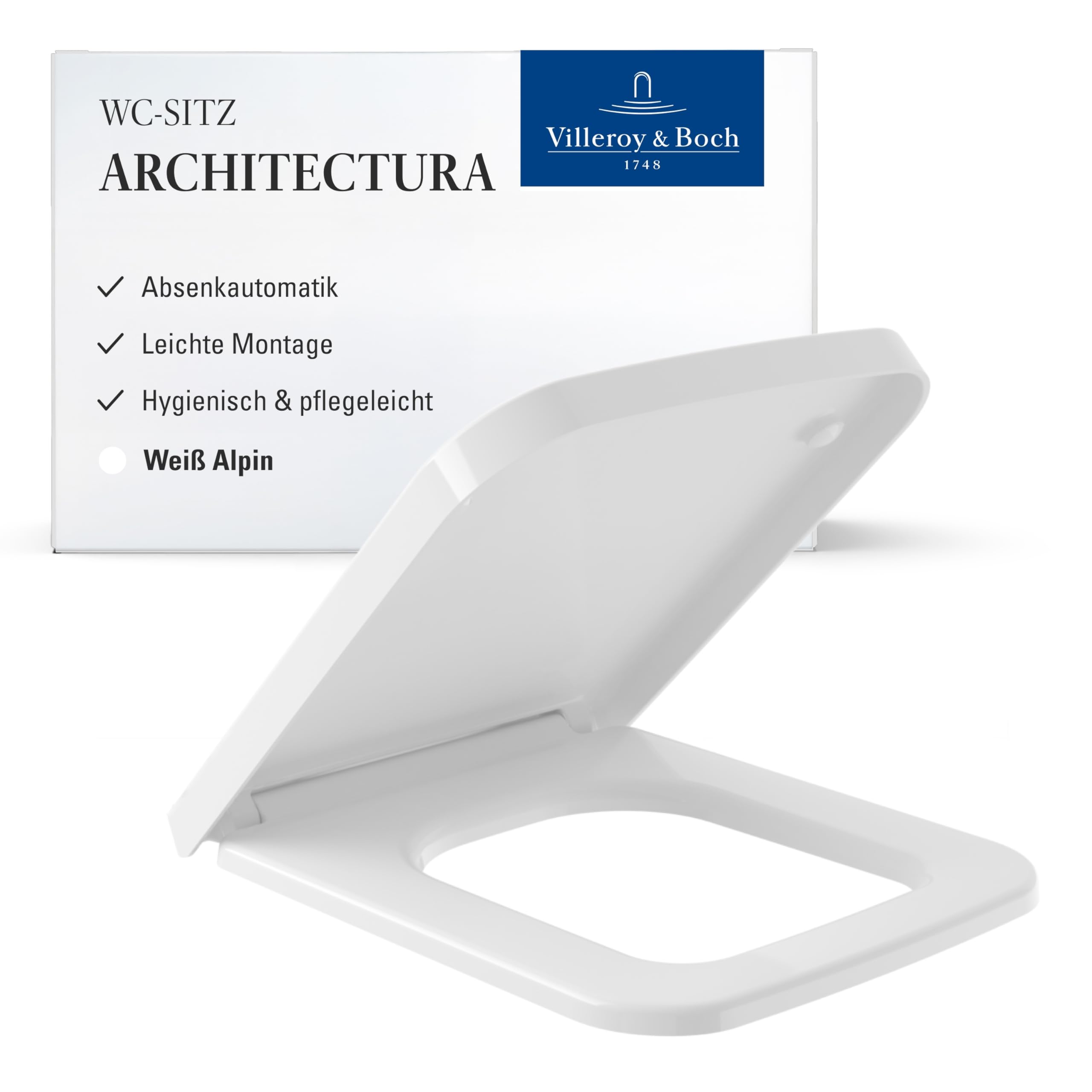 Villeroy & Boch Architectura WC-Sitz, mit SoftClose, eckig – Weiß Alpin | Mit Absenkautomatik, abnehmbar, aus bruchsicherem Duroplast, Original Ersatzteil, 9M58S101