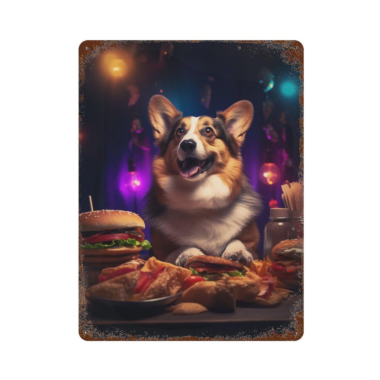 Garage Style Welsh Corgi Burger Party Rust Effect Tin Sign 15.7"x11.8", Industrial Home Decor for Bar And Workshop