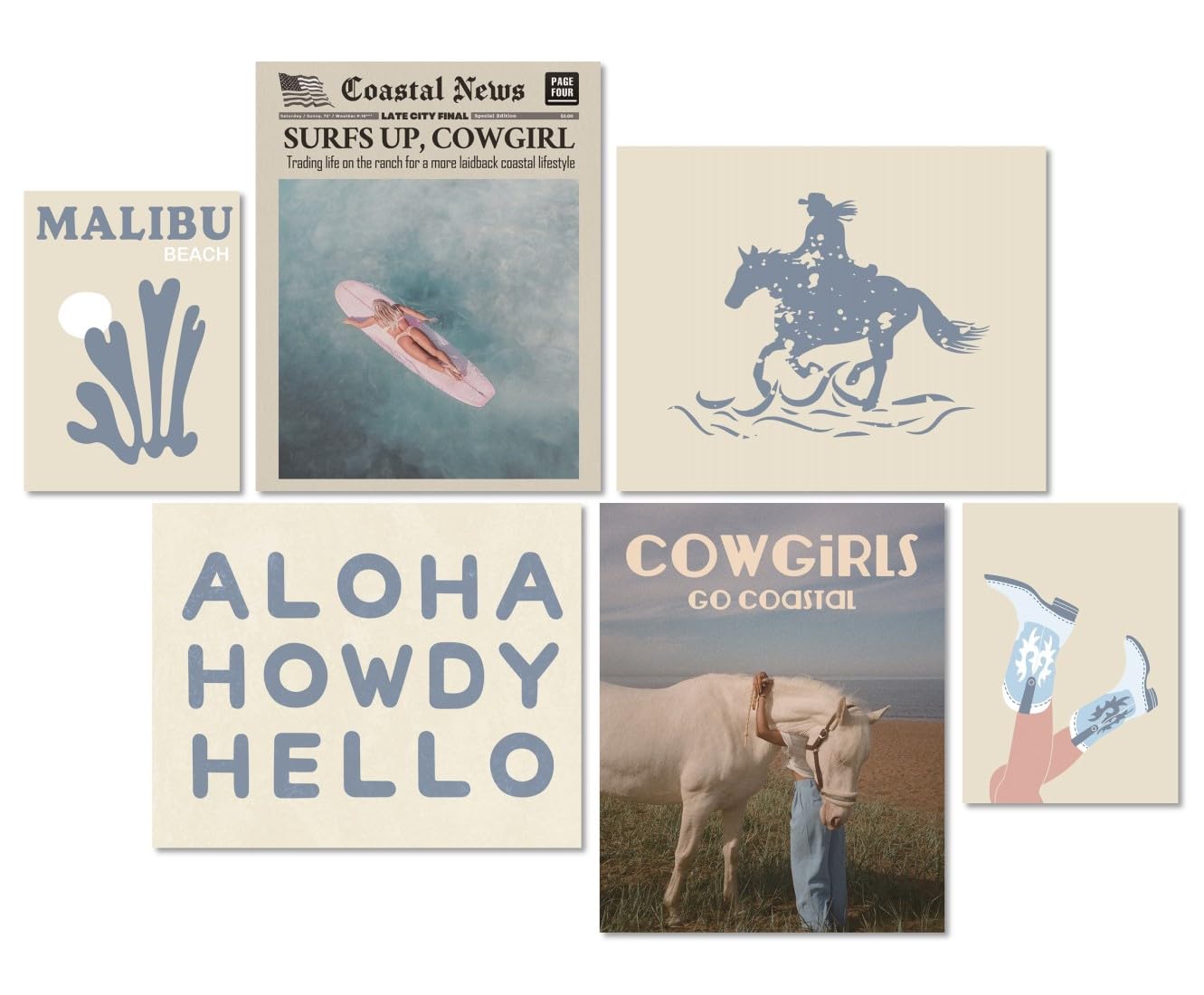 MINI ZOZICoastal Cowgirl Wall Art Set Of 6 Blue Posters Prints Surfer Room Decor Aesthetic Surf Granddaughter Girls Teen Bedroom Beach Decorations Poster Beachy Ocean Funky Cool Preppy Trendy Gifts