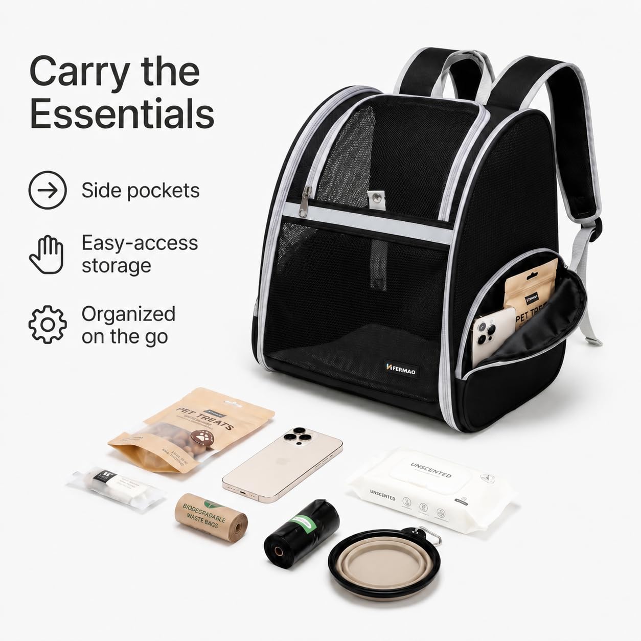 Sac à dos de transport pour chiens et chats, sac à dos portable pliable idéal pour la randonnée, le camping en plein air, le transport vétérinaire, peut contenir des animaux jusqu'à 6,8 kg (noir)