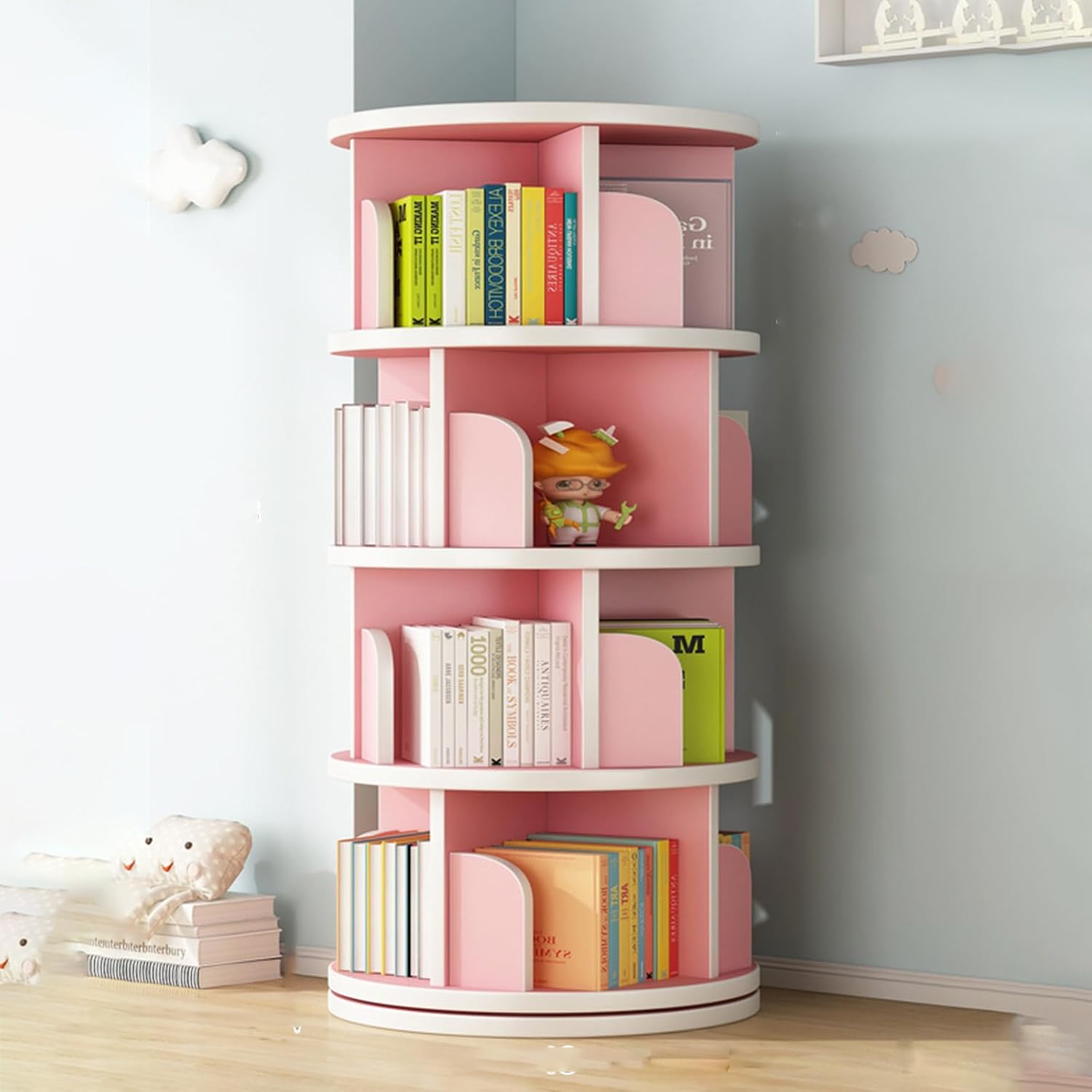 BYERZ Rotating Bookshelf, Small Book Shelf for Small Spaces, 360 Rotating Bookshelf Storage Rack, Wood Narrow Book Shelf Organizer for Bedroom, Living Room Book Shelves, 4-layer, Pink