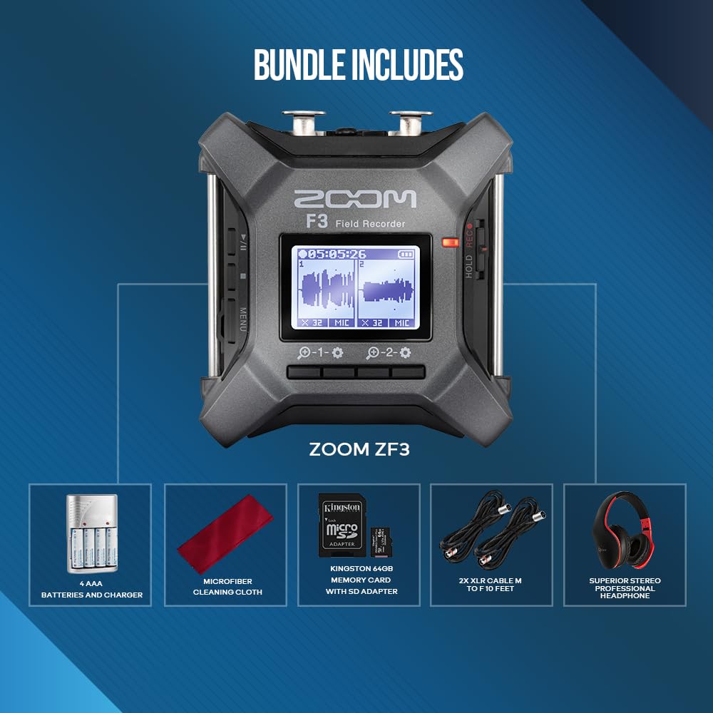Zoom F3 Professional Field Recorder, 32-bit Float Recording, Dual A/D Converters, 2 XLR/TRS Inputs with Rechargeable Batteries, 2 XLR Cables, 64GB MicroSD & Headphone w/Built-In Microphone - Image 2