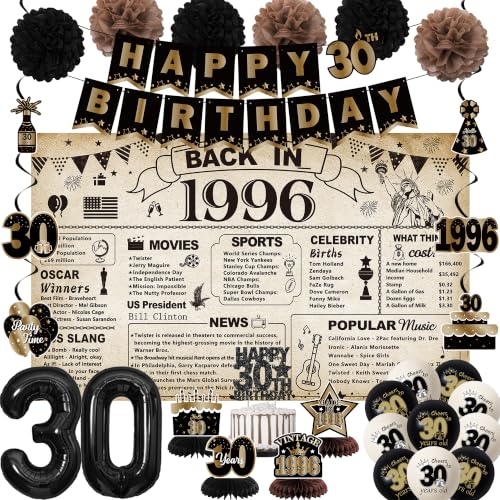 DARUNAXY 30th Birthday Party Decorations for Men Women Vintage Back in 1996 Banner Black 30 Number Balloons & Cake Topper Vintage 1996 30 Birthday Honeycomb Hanging Swirl Confetti Balloons(30PC)