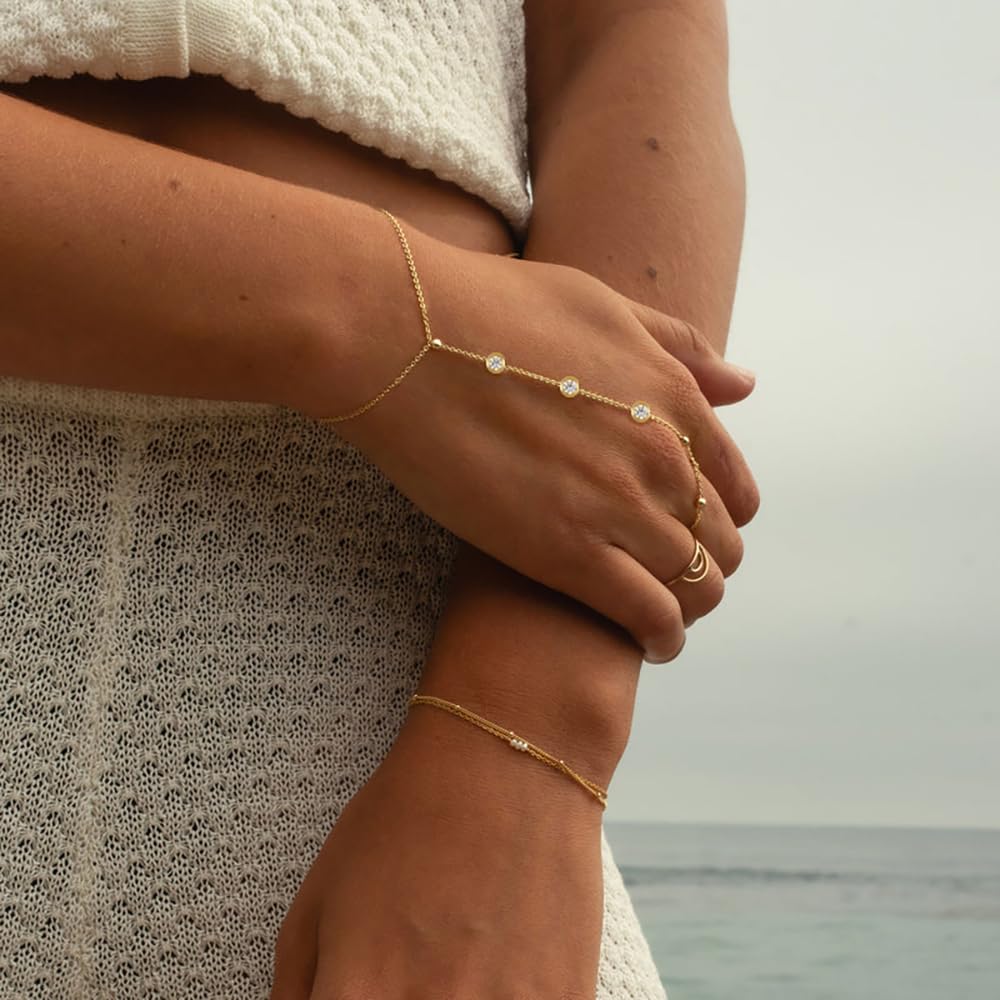 Listine Hand Chain Bracelet 14K Gold Plated Ring Bracelet Hand Chain Trendy Stuff for Women Dainty Hand Bracelets with Finger Ring Hand Jewelry for Women: L