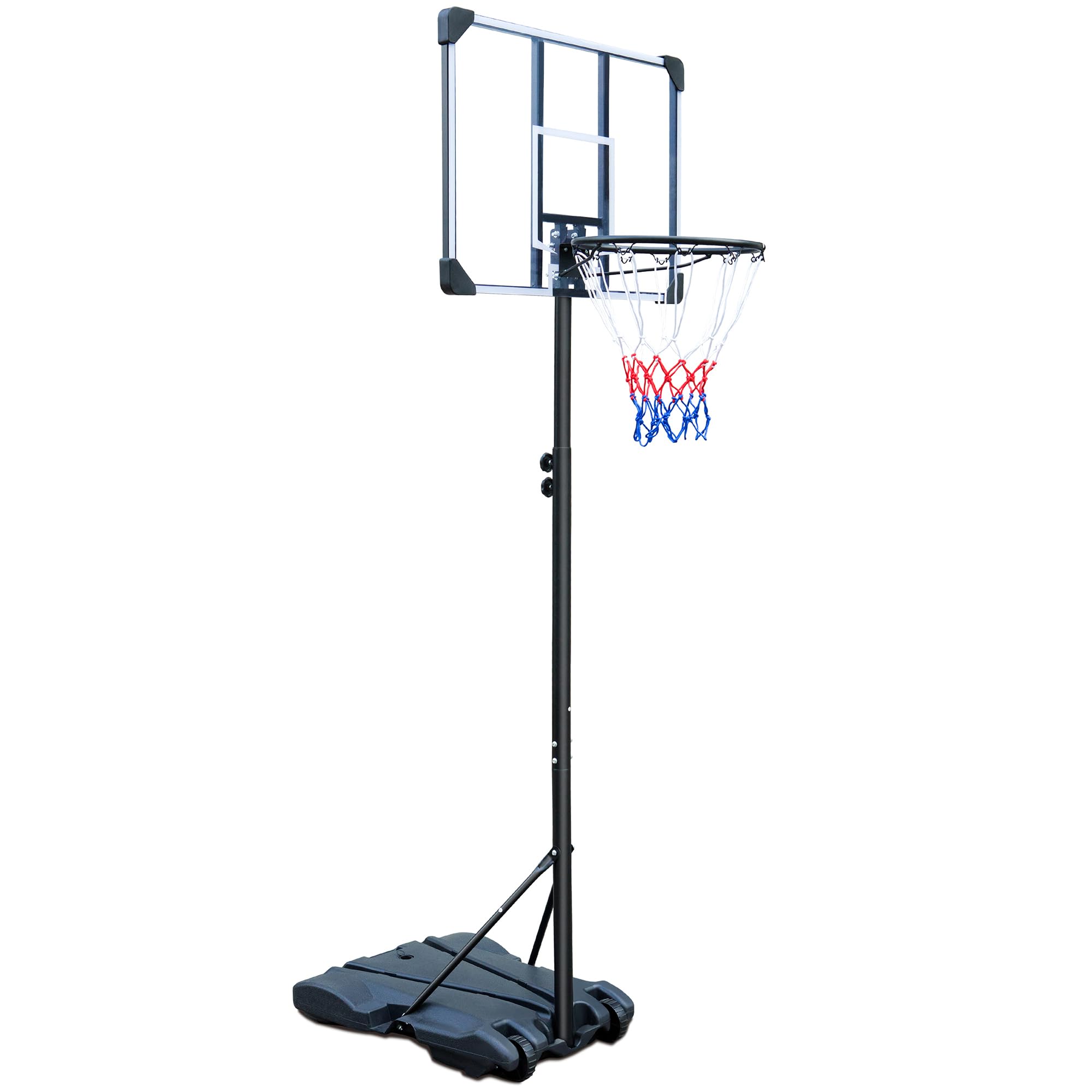 Canasta de baloncesto con soporte ajustable en altura de 165 a 213 cm, color negro, soporte de baloncesto portátil con tablero de PC y red impermeable, ruedas para interiores y exteriores para jóvenes