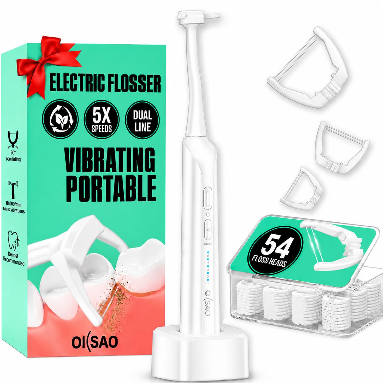 Filo interdentale elettrico (doppia linea e delicato), kit di avviamento con 54 testine di ricarica e 5 modalità, plettri per gengive sensibili, denti stretti, molari posteriori e igiene orale