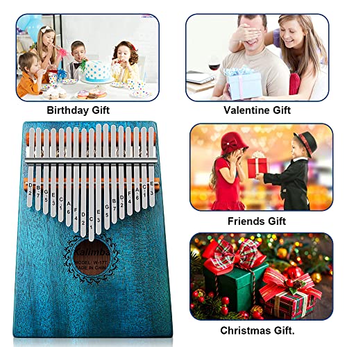 Image of Kalimba Thumb Piano 17 Keys with mahogany Wood Portable Mbira Finger Piano Gifts for Kids and piano Beginners Professional (Bright blue)