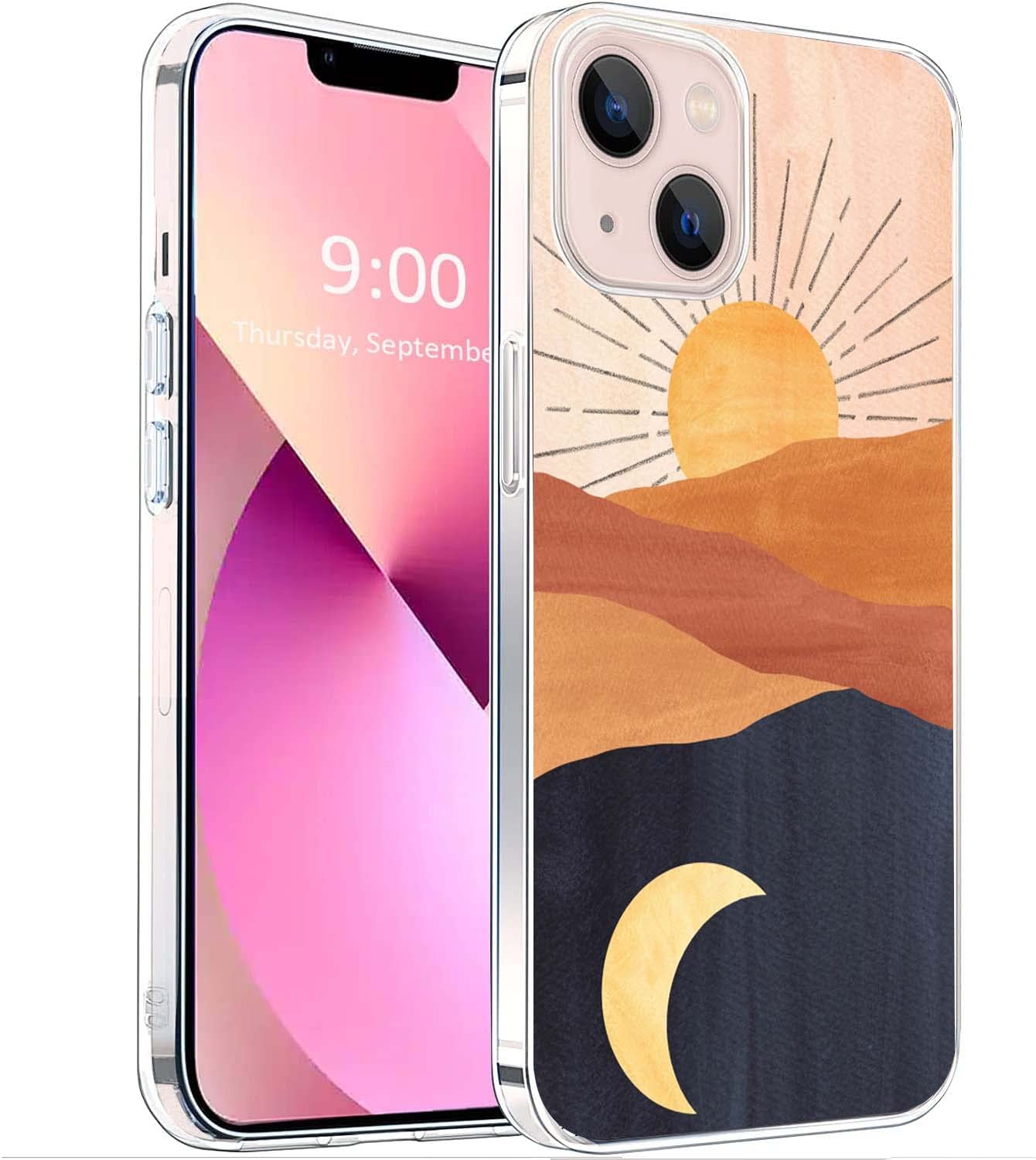 ICWUSA Aesthetic Boho Style Day and Night Pattern Protective Phone Case for iPhone 14, Trendy Designed Sun and Moon Pattern TPU Bumper Shockproof iPhone Case Support Wireless Charging