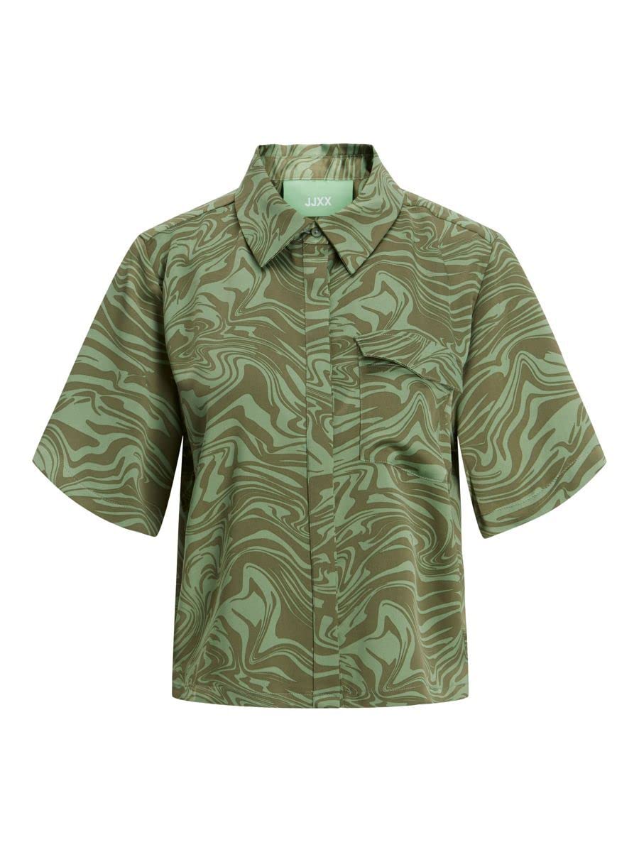 JJXX Women's Jxlark Satin SS Shirt Sn Shirt Blouse, Loden Frost/AOP:AOP, XL