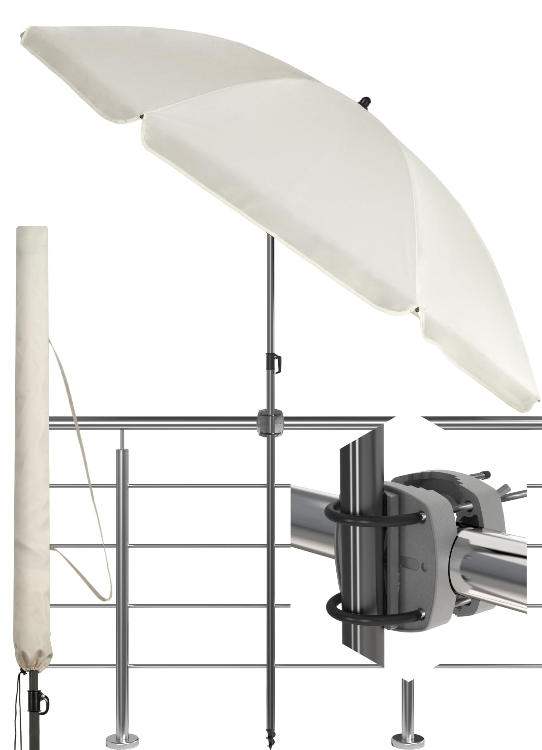 4smile Sonnenschirm Balkon SunnyJoy, 3-in-1 SET, Beige - UPF 50+ Sonnenschirm Ø 180 cm + Sonnenschirmhalter Balkongeländer + Sonnenschirmhülle - Sonnenschutz Balkon Set