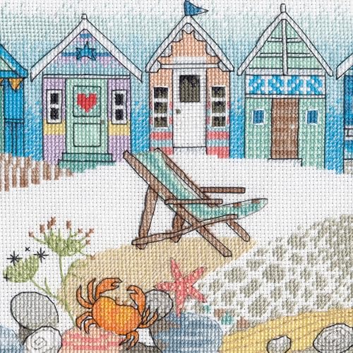 Image of Dimensions 70-35446 Beach Huts Counted Cross Stitch Kit, 8 inch x 7 inch, 16 Cnt. White Aida, 4 Pieces