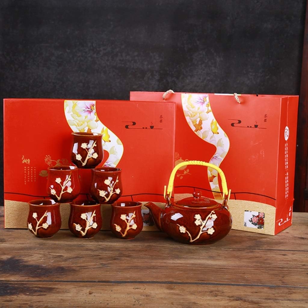 Japanese Cast Iron Tetsubin Teapot Chinese Kung Fu Tea Set, Plum Blossom Pattern Vintage China Tea Set, for Household Office Tea Accessories