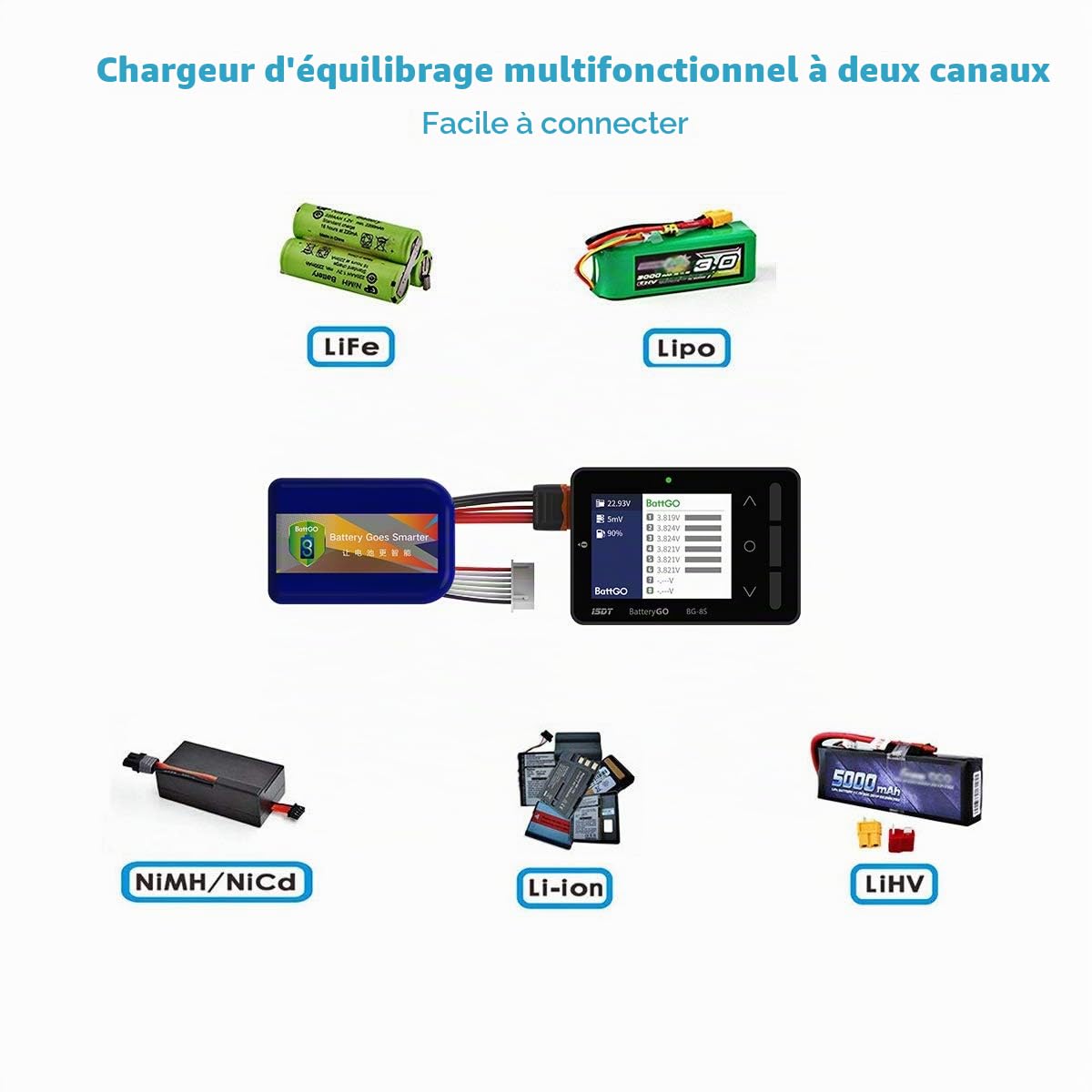 ISDT BG-8S Testeur de capacité de batterie, écran LCD, testeur de tension pour batteries LiPo/Life/Li-ion/NiMH/Nicd