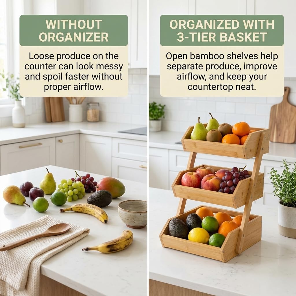 Bamboo Fruit Basket 3-Tier - Premium Produce Bamboo Basket for Kitchen - Durable & Easy to Assemble Stand for Countertop - Perfect Holder for Vegetables, Bread, Snacks & More
