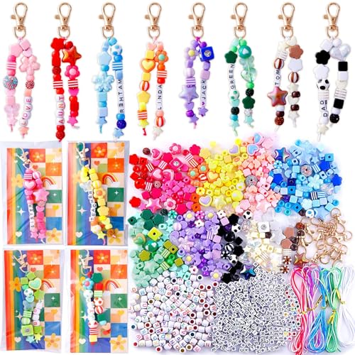 TOHONGADON 618 Pcs Bead Keychain Kit Colorful Bag Charm Kit with Adjustable Alphabet Beads Charm Keychain Kits for DIY Key Ring Jewelry Making