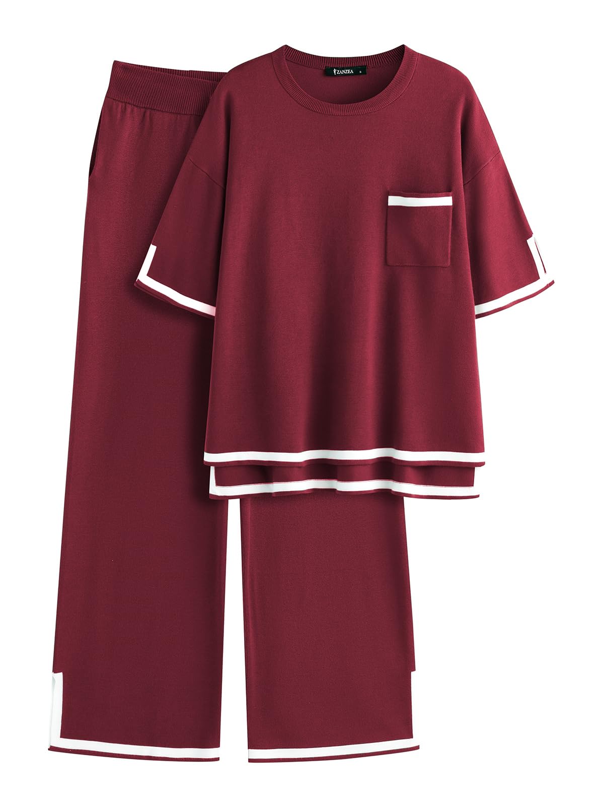 ZANZEA Women's 2 Piece Outfits Lounge Sets Short Sleeve Knit Pullover Tops Wide leg Pajama Sets with Pockets