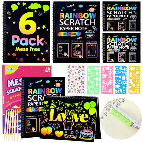 JMMICO 6 Packs Rainbow Scratch Notebook Goodie Bags Stuffers for Kid Scratch Art for Kids with Reusable Cleaner Tool Arts and Crafts for Kids 4-8-12 Gifts for 4 5 6 7 8 9 Year Old Girl Boy