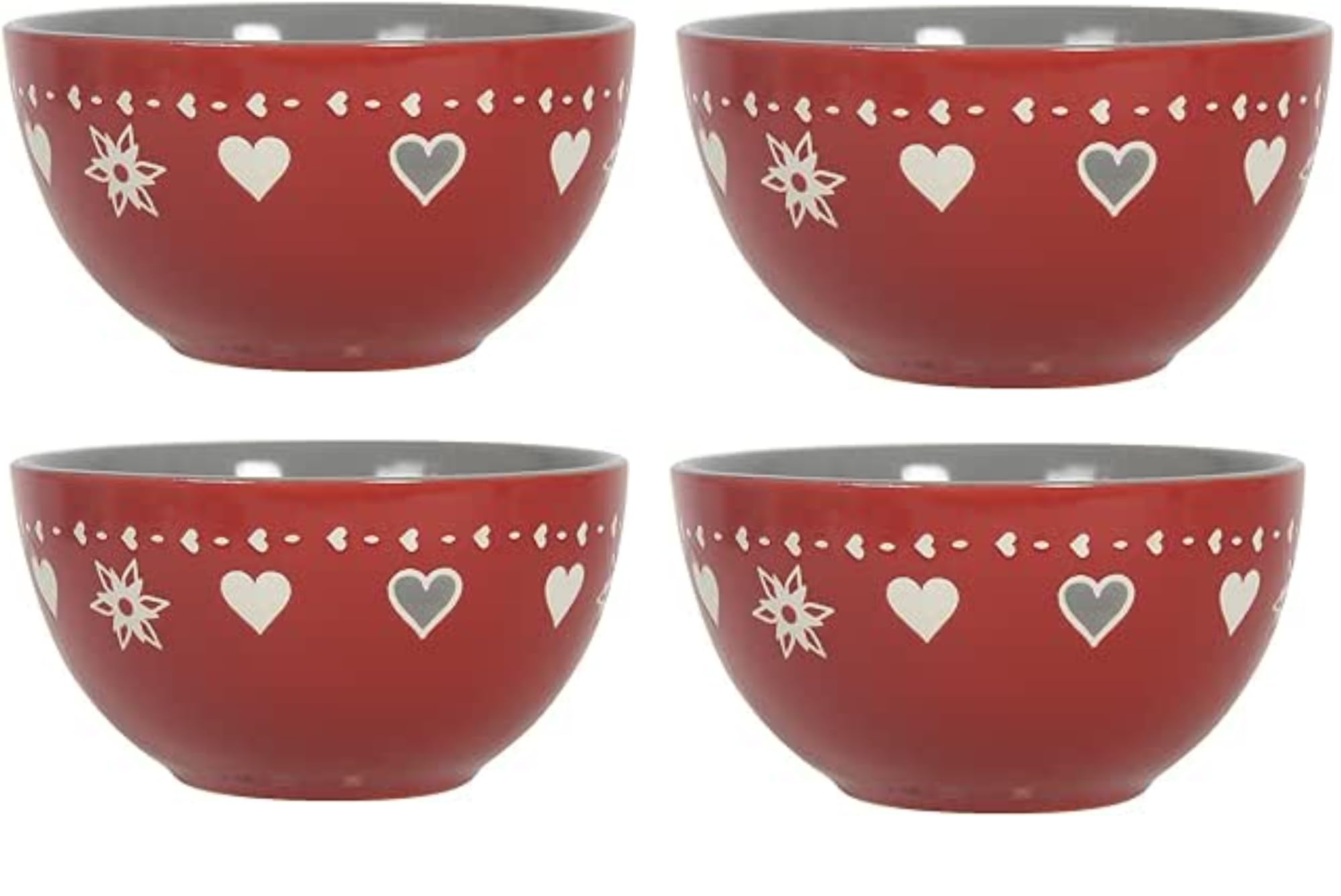 AnytimeSet of 4 Red Ceramic 450ml Heart Design Cereal Bowls. Microwave and Dishwasher Safe