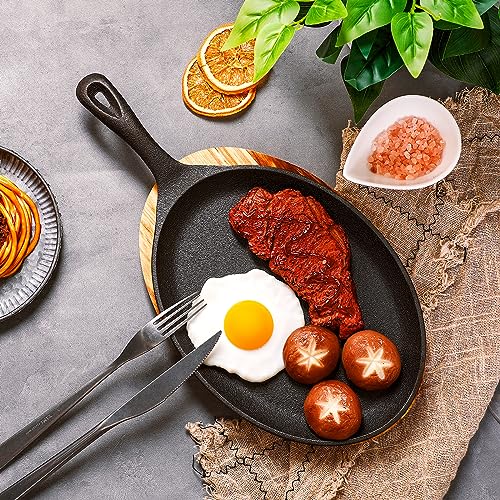 Lallisa 2 Sets Cast Iron Fajita Plate Set Fajita Plate Pan with Wooden Tray Anti Scald Protection Hot Mitt Cast Iron Skillet Set for Home Barbecue Kitchen Party Restaurant Catering Service - Image 2