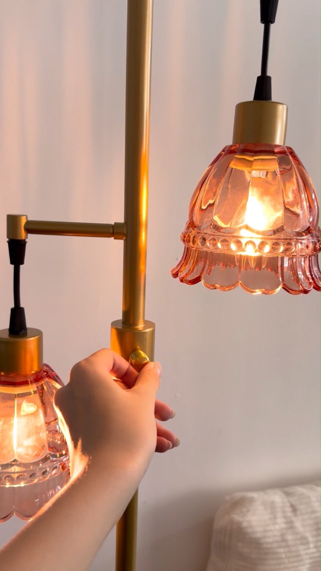 Image of Lightdot Glass Floor Lamp 2-Light Red Flower Dimmable Gold Floor Lamps