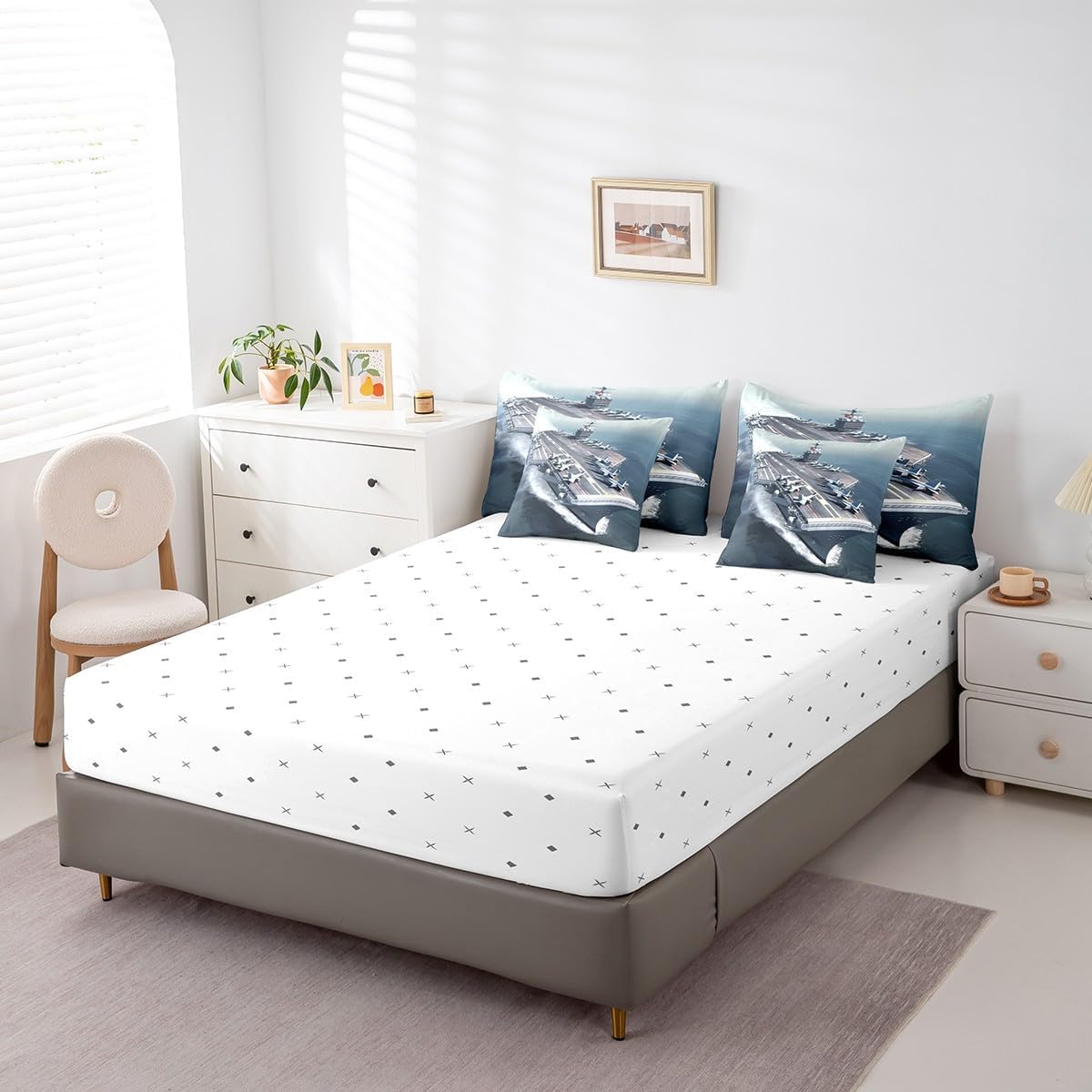 Erosebridal Aircraft Carrier 7 Piece Comforter Set Queen Military Style Bedding Sets for Kids Adults Battleship Fighter Flight Bed in A Bag Ocean Nautical Sheet Set with Comforter