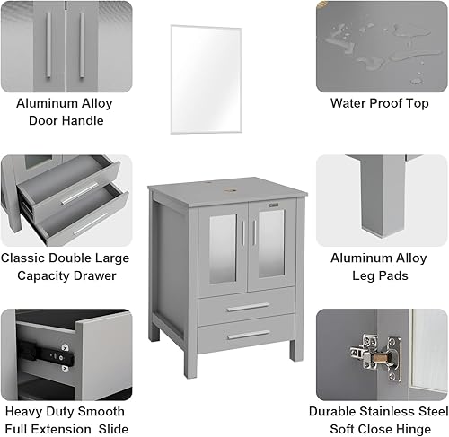 Miniatura 4 de eclife Lavabo de tocador de baño moderno de 24 pulgadas con soporte gris con fregadero de vidrio azul y grifo de ahorro de agua y drenaje