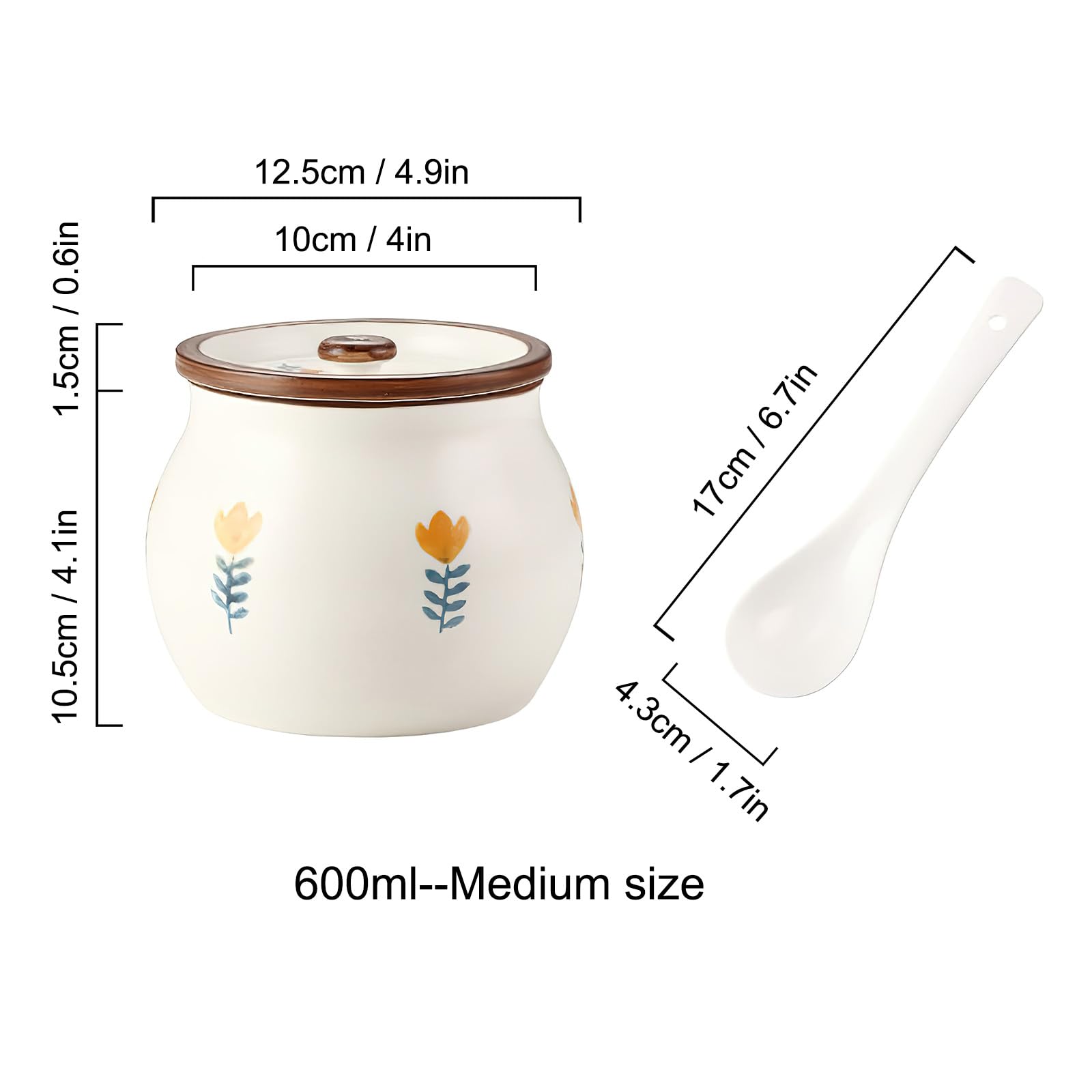 auons Ceramic Salt and Sugar Container, Porcelain Condiment Jars with Lid and Spoon, Seasoning Spice Pot Bowl, Salt Sugar Pepper Storage Jar, 600ml, Yellow Flower