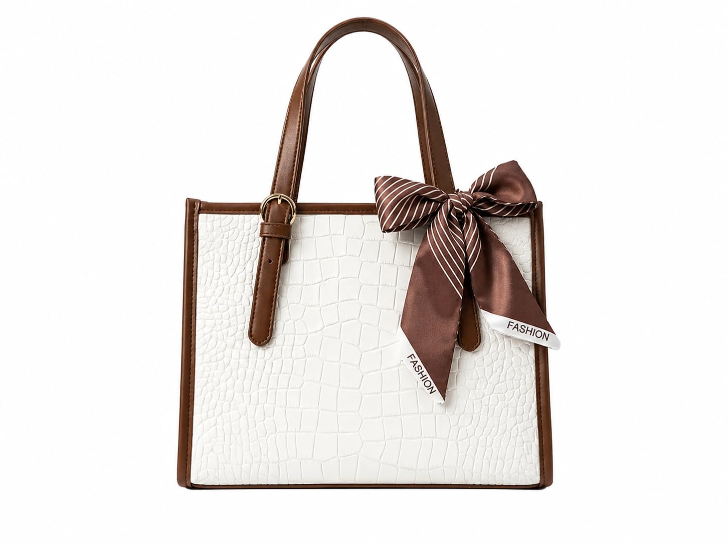 Pavilonn Women Handbag PU Leather Tote Purse Stylish Shoulder Office Bag Black Structured Croco Pattern Ladies Fashion Shopping Handbag Daily Use College Gift (BROWN AND WHITE)-picture-13