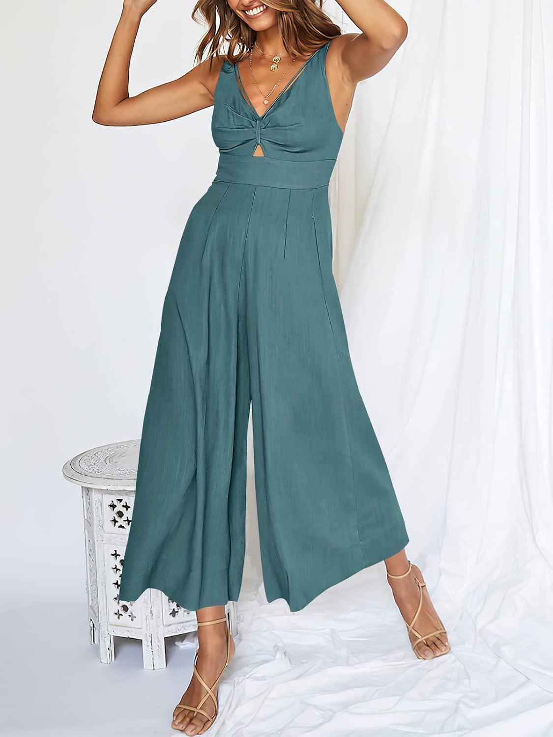 ANRABESS Womens Jumpsuits Summer Linen Wide Leg Sleeveless V Neck Casual Dressy Rompers Pants 2026 Spring Vacation Outfits - Image 2