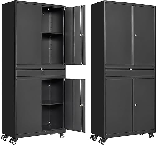 Anxxsu Armario de almacenamiento de metal con ruedas, armario de almacenamiento con cerradura de 73 pulgadas con 2 estantes ajustables y 1 cajón