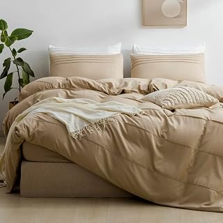 JELLYMONI Queen Size Khaki Duvet Cover Set - 3PCS Microfiber Bedding Set, Stylish Pleated Design, 8 Corner Ties & Zipper Closure, Ultra Soft and Comfortable